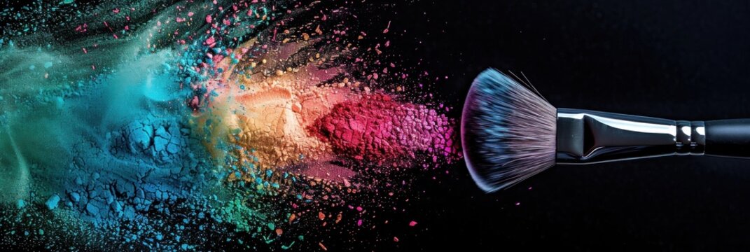 A makeup brush is surrounded by colorful powder, creating a vibrant and artistic effect. Concept of creativity and playfulness, as the brush is used to apply the colorful powder to the face