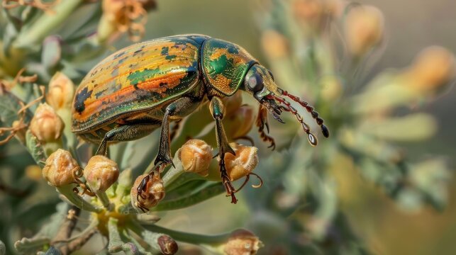 A closeup of a beetle clinging to a wilted flower a testament to the tenacity of insect life during droughts.