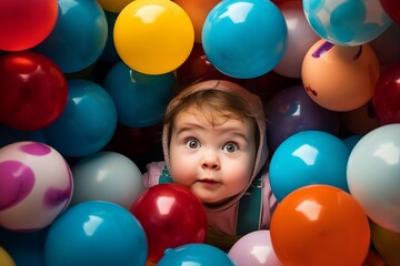 Fototapeta na wymiar Cheerful Toddler with Balloons, Pure Joy Captured