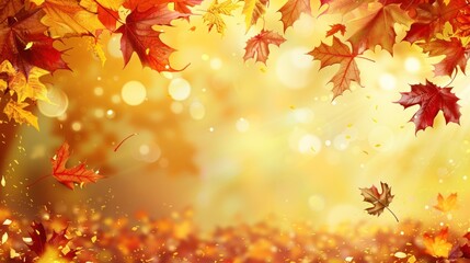 Naklejka na ściany i meble A beautiful autumn scene with a bright sun shining through the leaves.