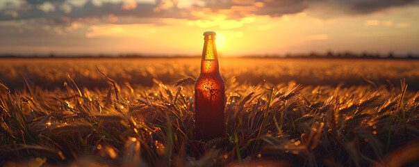 Bottle with beer against wheat field on sunset. Field of barley on summer or autumn day. Brewing. International beer day. Oktoberfest - obrazy, fototapety, plakaty