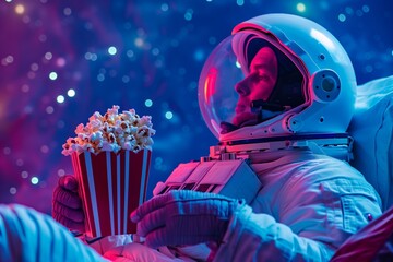 Astronaut with Popcorn Gazing into Space Nebula