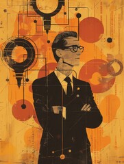 Man in suit with abstract technology background - A suited man stands before a backdrop of vintage tech and diagrams, evoking innovation