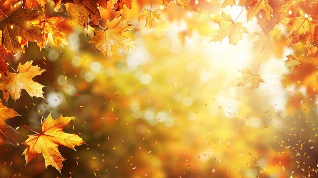 A beautiful autumn scene with a bright sun shining through the leaves. The leaves are falling and creating a sense of movement and change