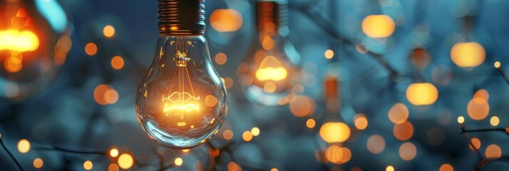 Shimmering light bulbs with intense bokeh effects - Multiple light bulbs hang suspended, their intricate filaments casting a warm light amidst a sea of defocused blue lights and tones - obrazy, fototapety, plakaty
