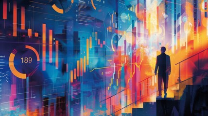 Silhouette of a man facing digital graphs - A silhouette of a business person standing before a vibrant background of digital charts and stock market analytics - obrazy, fototapety, plakaty