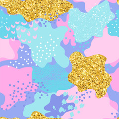 Grunge seamless pattern in military style. Camouflage background with gold spots. Print for girl
