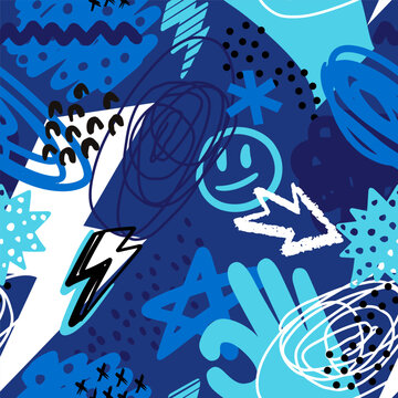 Fototapeta Abstract seamless chaotic pattern with urban graffiti elements, scuffed and sprays. Grunge texture background.Fashion wallpaper for boys. Fashion sport. Teen style