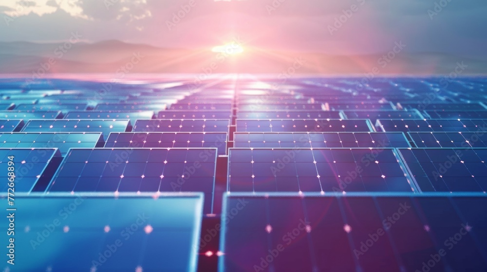 Poster a vast field with rows of solar panels each one made with nanotechnology and reflecting the sunlight