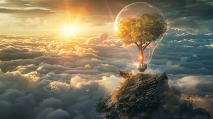 Surreal concept of a tree growing inside a light bulb - A stunning image that merges nature and ideas, depicting a tree growing in a bulb over a cloudy sky - obrazy, fototapety, plakaty