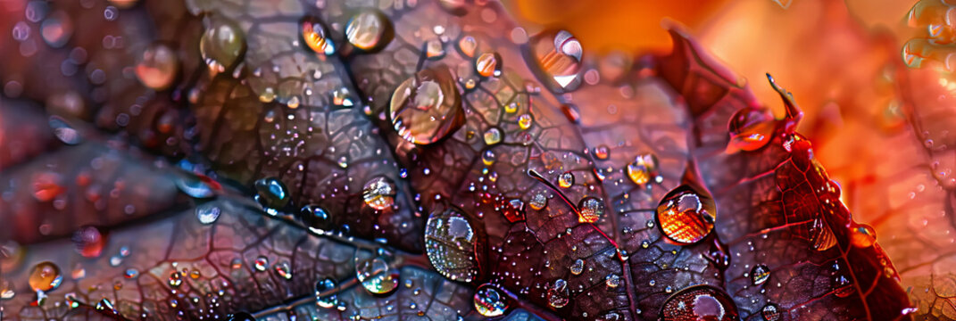 close up of dewdrops on an autumn leaf, generative AI