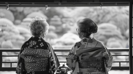 Two older women sit side by side backs to the camera as they share a quiet moment together in the tea house. The intricate details . . - obrazy, fototapety, plakaty