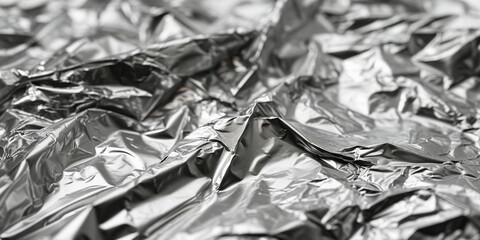 Crinkled aluminum foil. Crumpled foil textured abstract background black and white silver overlay effect. Real metallic silver foil closeup texture. Black and white monochrome abstract Foil crumpled