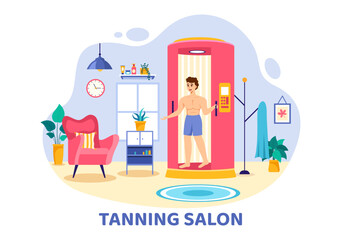 Fototapeta na wymiar Tanning Salon Vector Illustration of Bed Procedure to Get Exotic Skin with Modern Technology at the Spa Solarium in Flat Cartoon Background