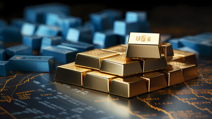 Fototapeta premium Gold bars sitting on blue bar chart, stock market and finance concept