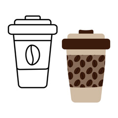 Patterned disposable cup with coffee beans in trendy soft brown and outline drawing oneoff glass
