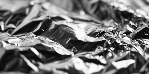 Crumpled foil close-up. Macro shooting of mashed metal paper. Silver background texture. Abstract monochrome overlay background black and white silver effect. Texture of shiny piece aluminium foil - obrazy, fototapety, plakaty