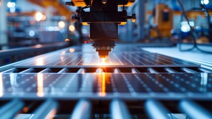 Solar panel frames being precisely and shaped by a large laser ting machine in a brightly lit manufacturing facility. . . - obrazy, fototapety, plakaty