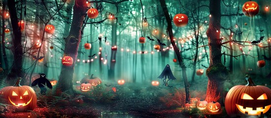 Halloween Scene with Haunted Forest, Pumpkins, and Ghosts under Moonlight. Made with Generative AI Technology - obrazy, fototapety, plakaty