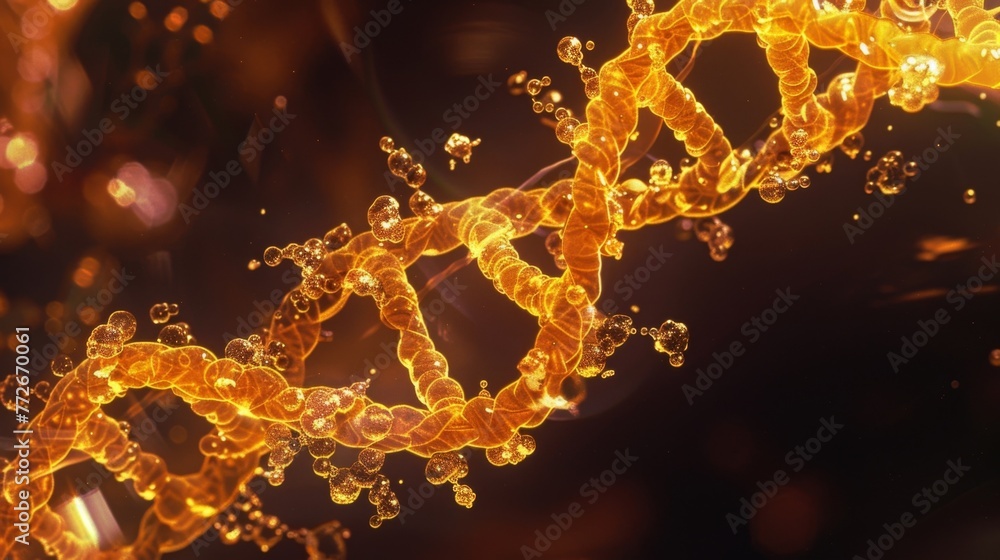 Poster a closeup image of a strand of rna with visible base pairs and sugarphosphate backbone. the rna stra