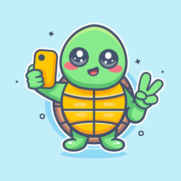 kawaii turtle animal character mascot taking a selfie with a smartphone isolated cartoon