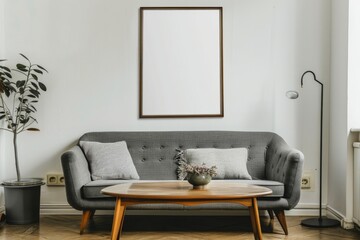 Living room with a couch, coffee table, lamp, and picture frame on the wall