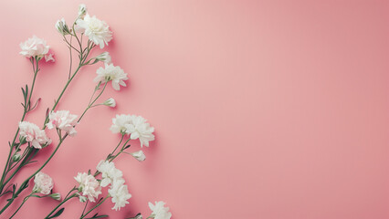 Flowers composition. White flowers on pastel pink background. Flat lay, top view, copy space