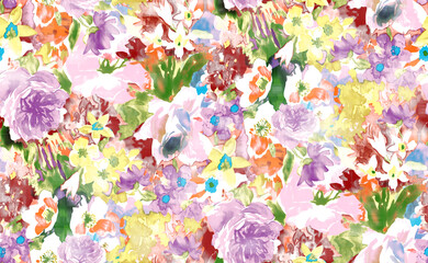 seamless watercolor digital flower pattern on white background