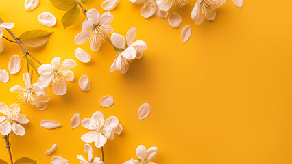 Flowers composition. Cherry blossom branches on yellow background. Flat lay, top view, copy space