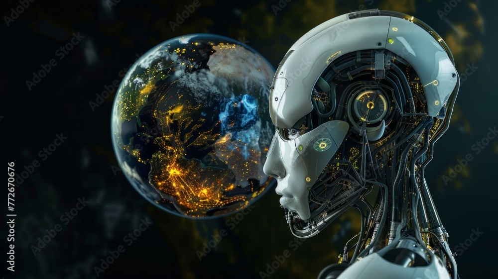Poster conceptual robot holding a blurred earth - the image portrays a conceptual scene of a humanoid robot