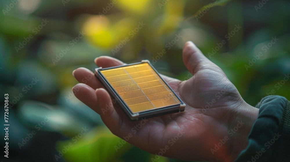 Poster a hand holding a small compact solarpowered device equipped with nanotechnology demonstrating the po