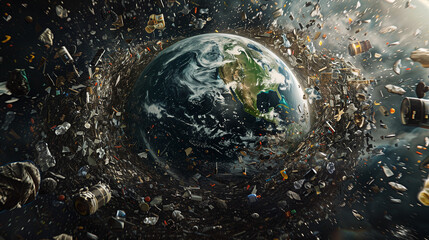 A view of the world in space filled with garbage, mostly created by humans. - obrazy, fototapety, plakaty
