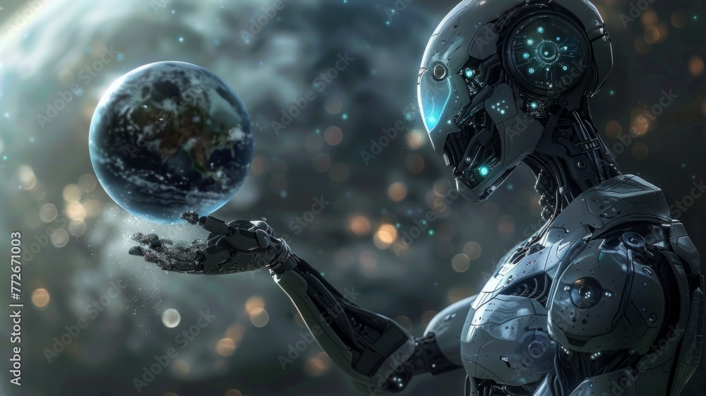 Poster futuristic robot holding the earth in space - a photorealistic depiction of an advanced robot contem