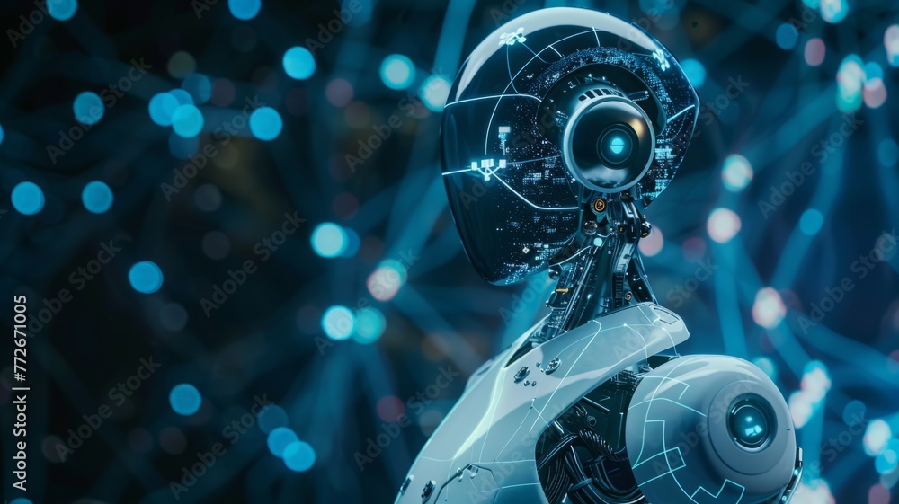 Poster futuristic robot head with glowing elements - a sophisticated robotic head with intricate details is