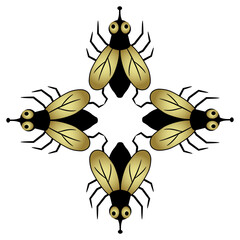 Square cross shape animal design with four stylized flies. Black and gold silhouette on white background.