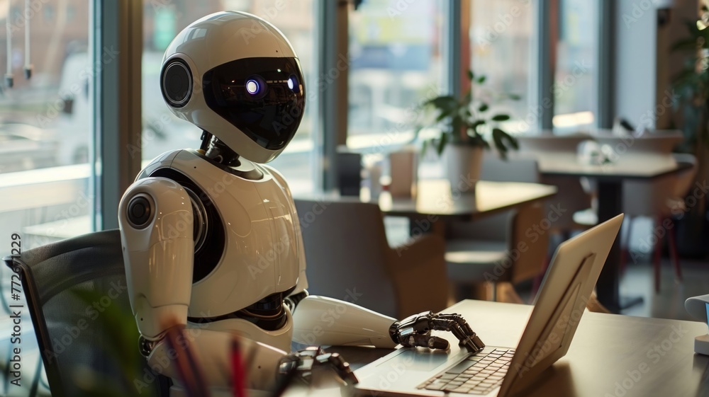 Poster modern robot sitting back at the office - an autonomous robot with a humanoid figure is seen from th