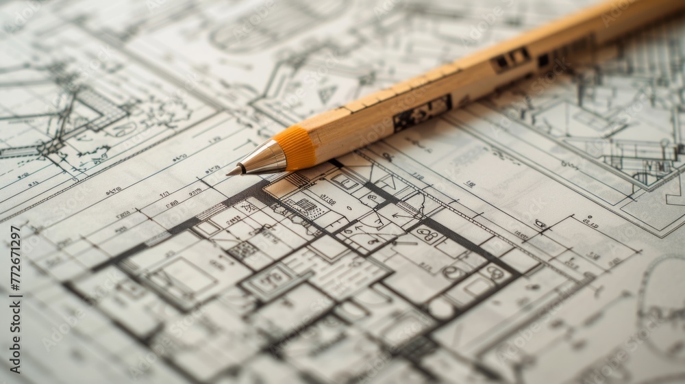 Poster pencil on printed architectural plans close-up - close-up of a sharp pencil lying on top of intricat