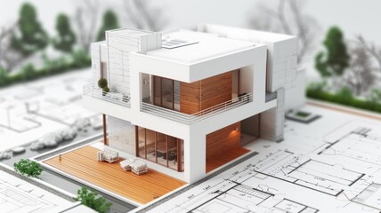 Miniature house model with architectural blueprints - A modern white miniature house model sits on detailed architectural plans, illustrating precision and design