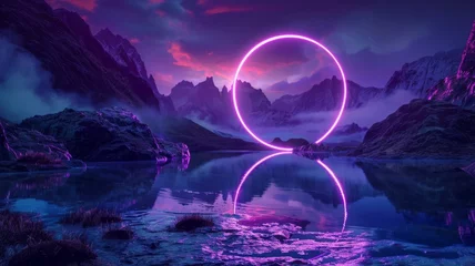 Muurstickers Neon ring in a surreal mountain lake scene - A surreal landscape featuring a neon pink ring reflected in the calm waters of a mountain lake at twilight © Tida