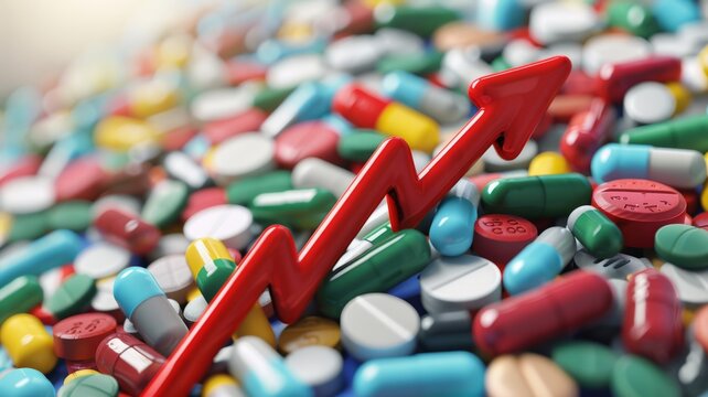 Multicolored capsules with upward trend arrow - Close-up of multicolored capsules and pills with a bold red trend arrow, symbolizing pharmaceutical market growth