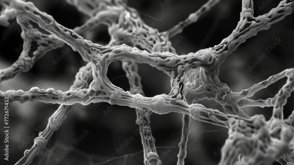 Poster an electron microscope image revealing the intricate weblike structure of a conidiophore the special