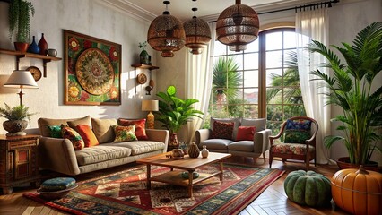 Bohemian boho style lounge room with a eclectic design aesthetic