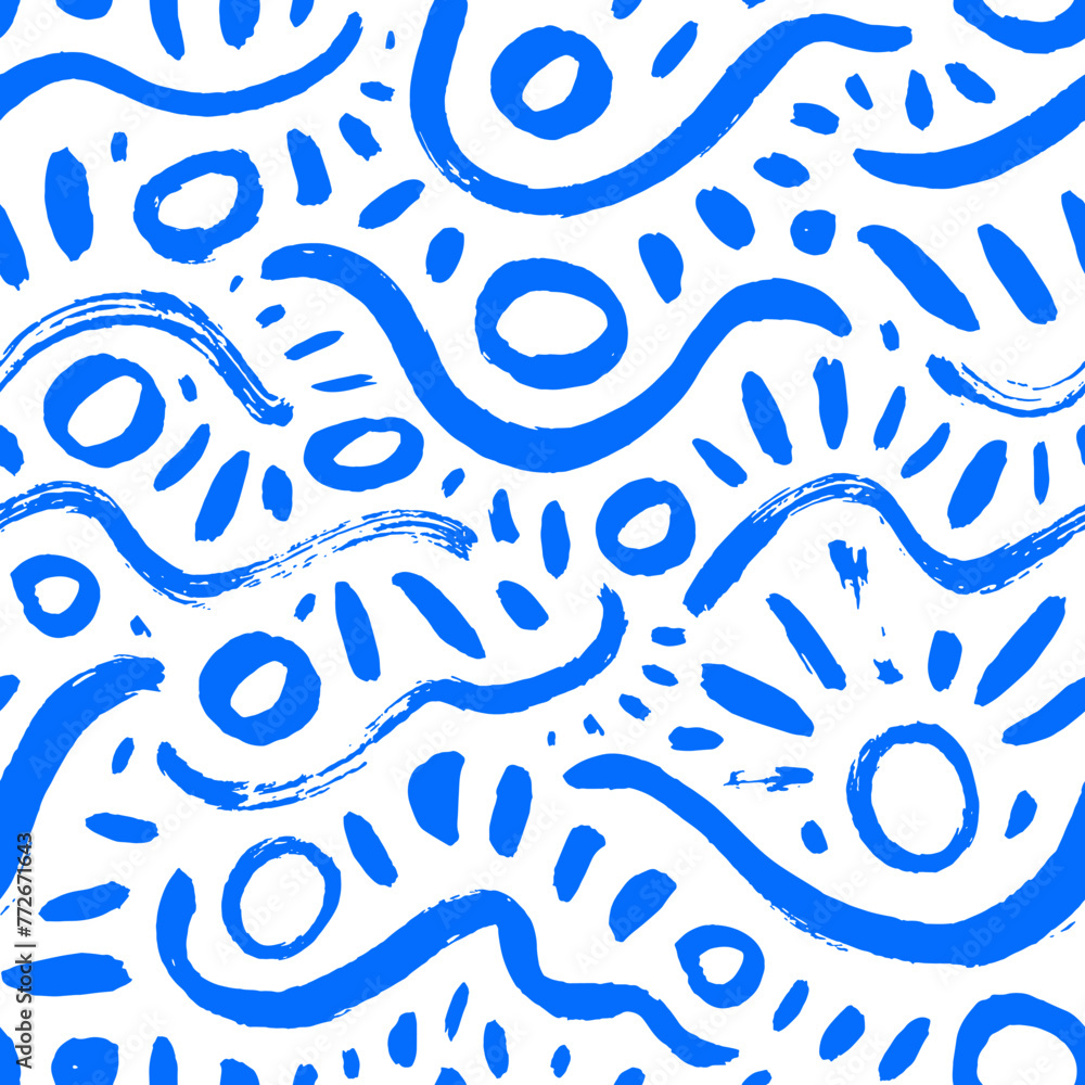 Poster abstract hand drawn blue wavy lines and circles seamless pattern. doodle childish background with br