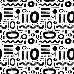 Memphis brush drawn geometric shapes seamless pattern. Hand drawn straight brush strokes, bold and thin lines, dots, circles and waves.