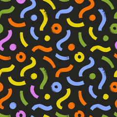 Colorful childish organic geometric shapes seamless pattern. Bold brush drawn curved lines and waves with circles or dots.