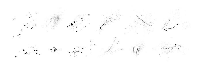 Set of splattered vector black paint blots and drops. Hand drawn ink drops and splashes. Liquid paint drips and ink splatter.