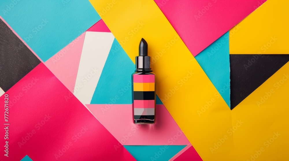 Poster blank mockup of a bold and playful nail polish bottle with a geometric pattern and an array of brigh