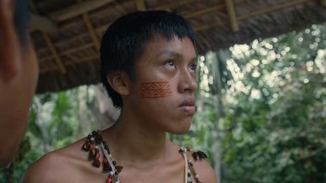 Closeup of Face Painting of the Huaoranis