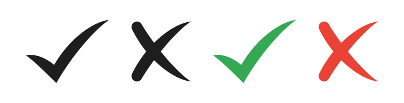 check mark icon button set. right and wrong signs and yes or no checkmark icons , green tick and red cross. vector illustration
