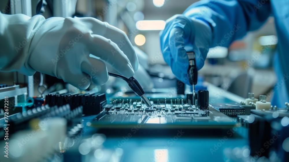Poster a small team of employees assembling and testing various components from silicon wafers to wiring co